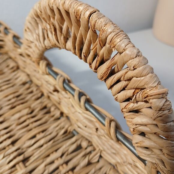 Crate & Barrel Rectangle Rattan Wicker & Metal Serving Basket Casserole Handles - Picture 9 of 9